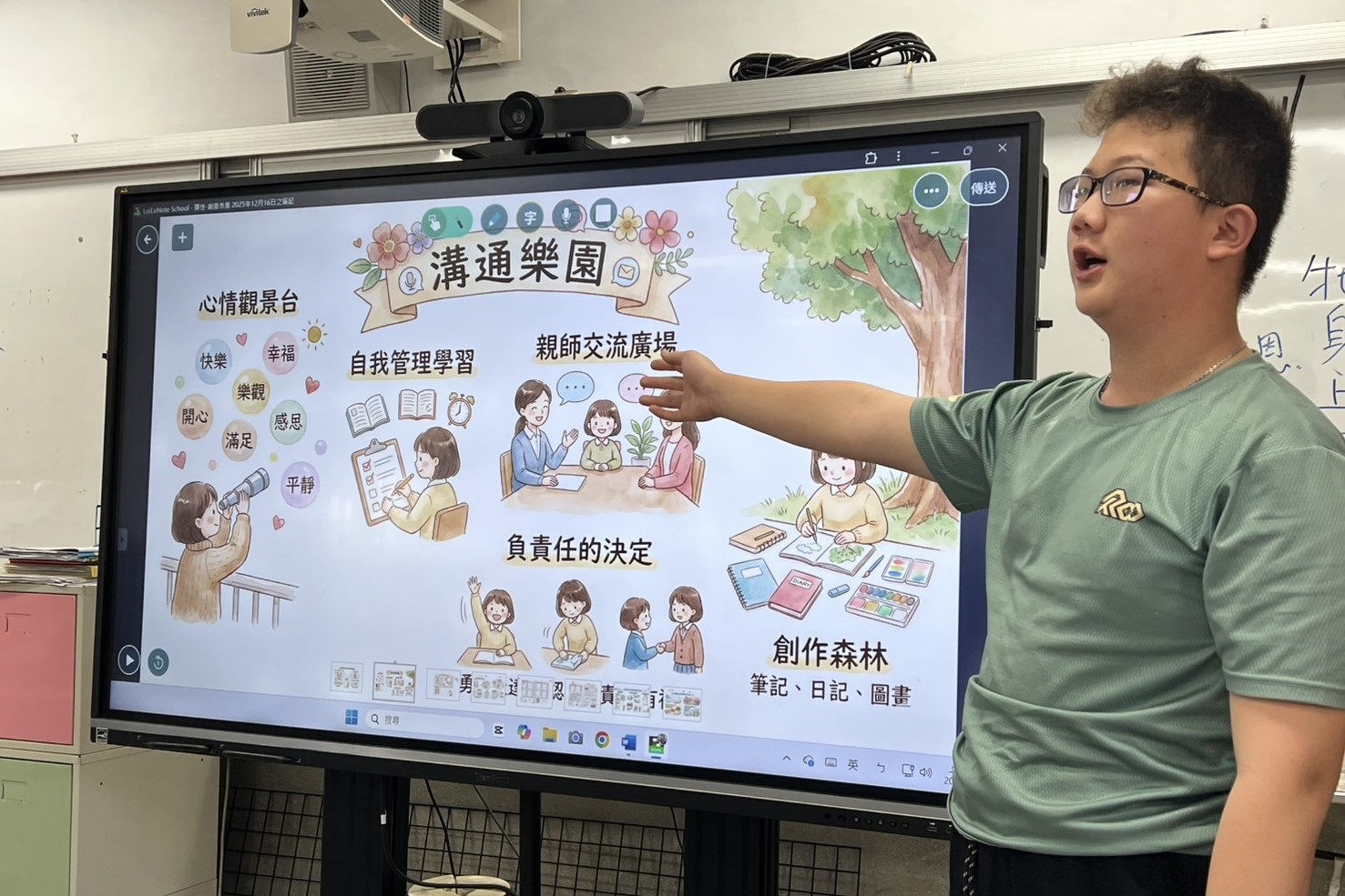 南大師資生參與樹林國小學生專題發表,學生說明 AI 融入社會情緒學習的設計構想,並順暢回應現場提問