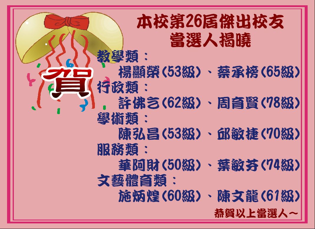 後輩典範    本校第26屆傑出校友出爐 (2013.11.11)